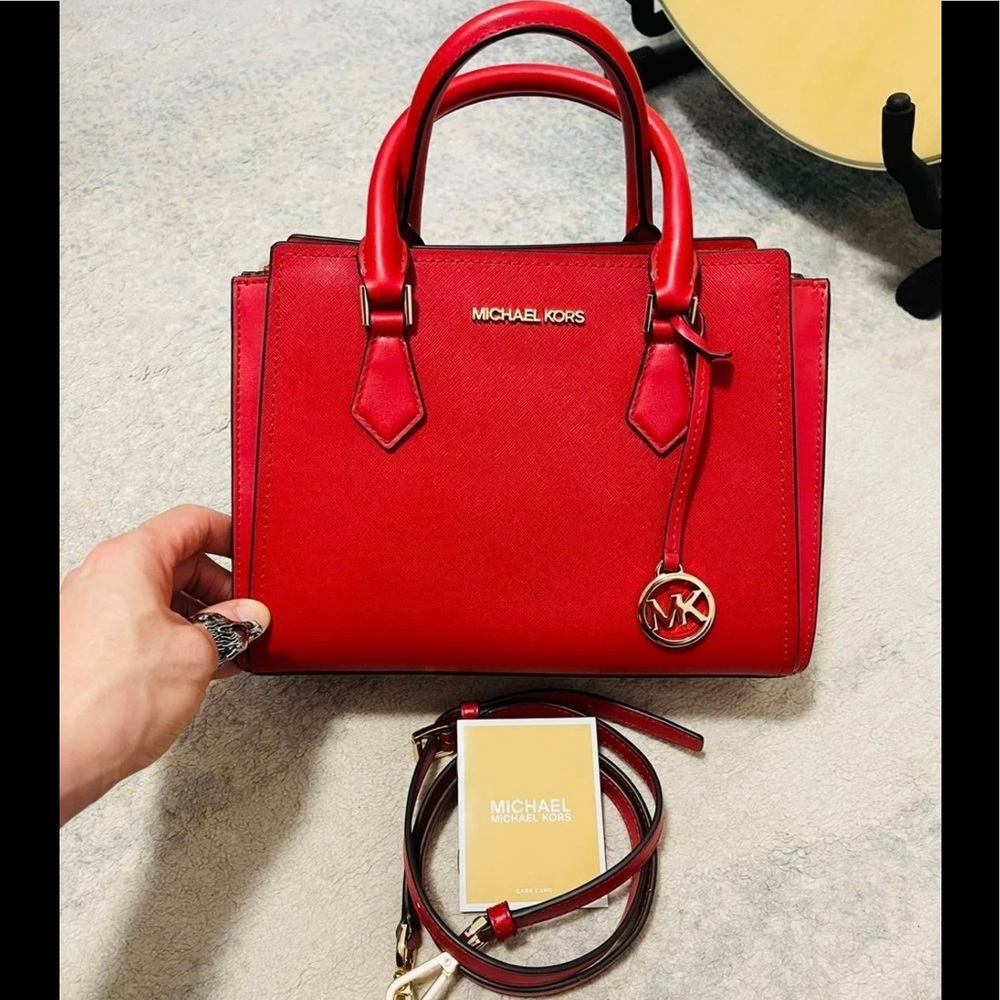 NWT Michael Kors Hope Medium Saffiano Leather Messenger/Satchel Bag Bright Red - Picture 4 of 12